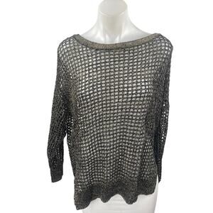 Kenneth Cole Women's Black Metallic Open Knit Long Sleeve Cover Up Sweater Top L